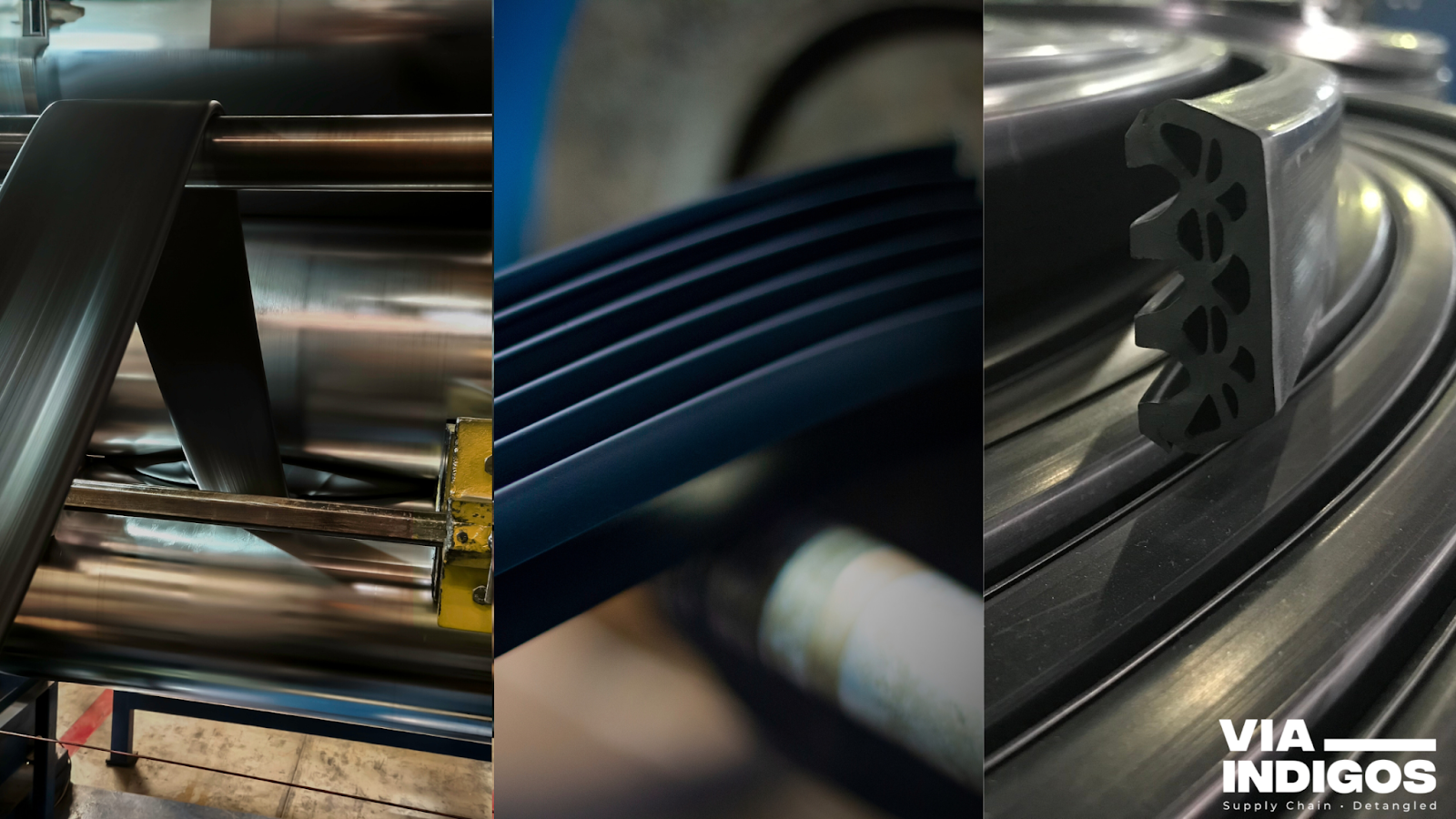 Key stages of Rubber Extrusion: Compound Creation ➝ Extrusion ➝ Curing.