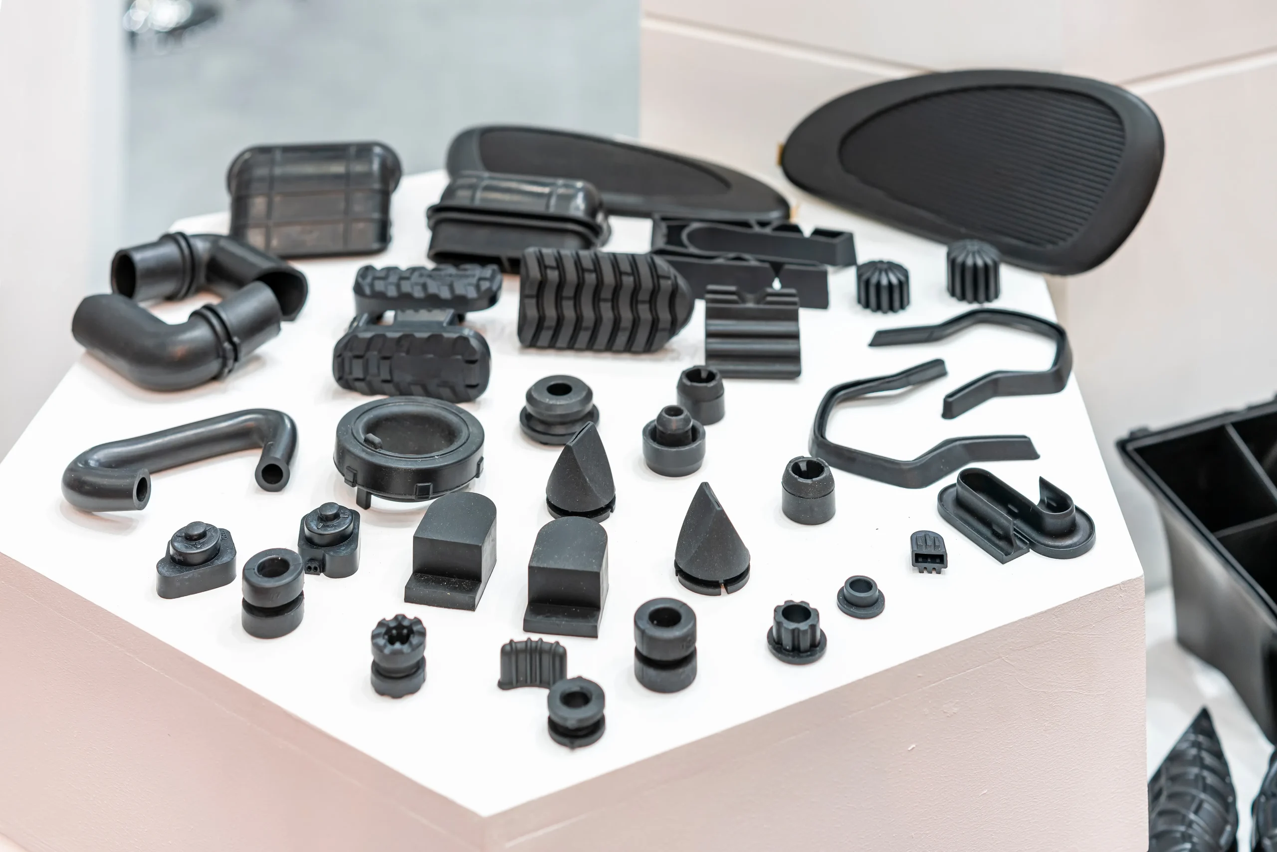 First article molded rubber parts laid out for inspection at our India partner facility
