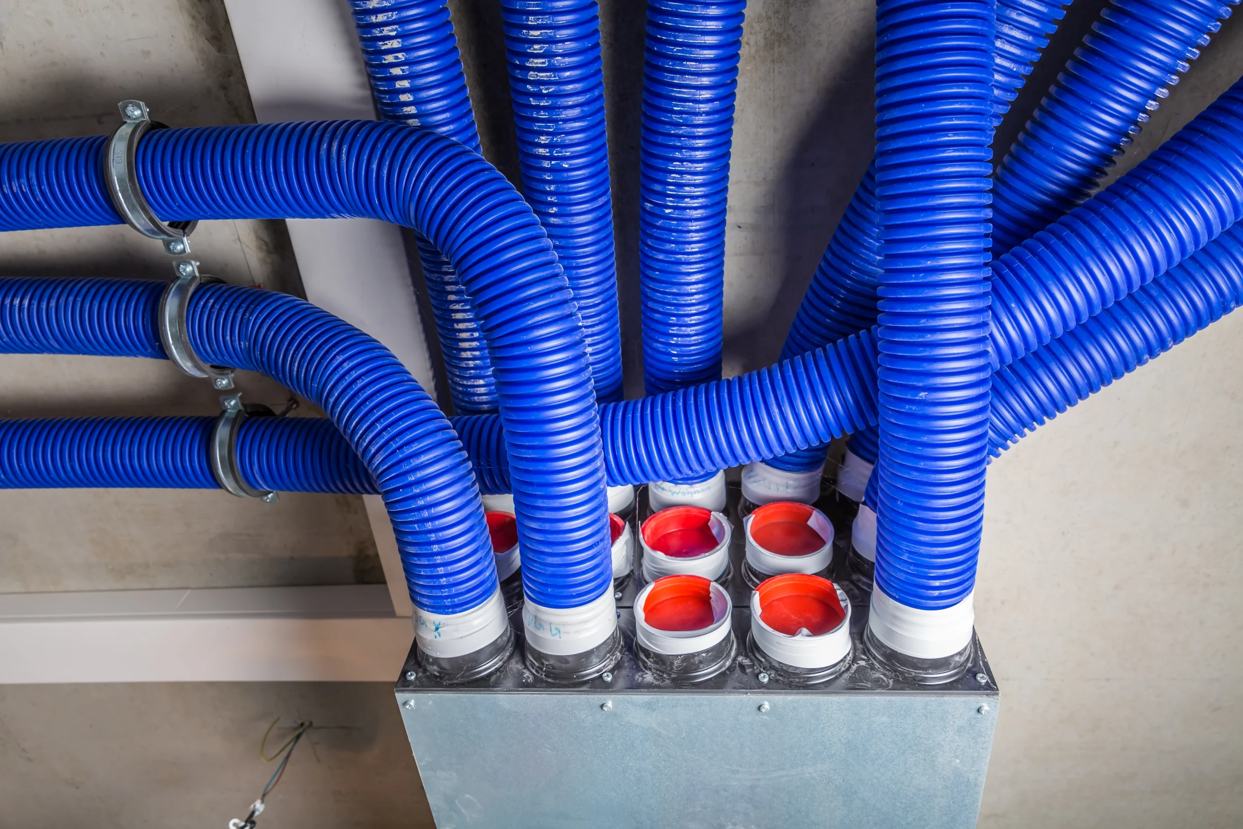 Blue blow molded flexible air ducts at our India partner facility, formed for HVAC and equipment routing