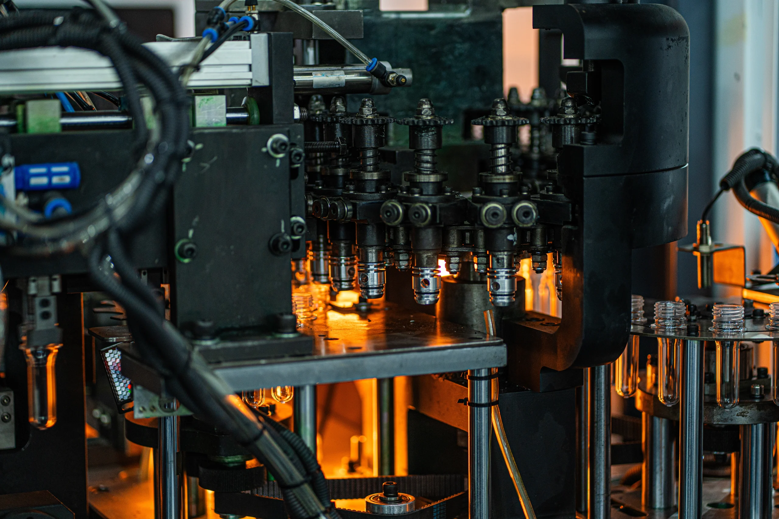 Two stage blow molding machine running at our India partner facility, parison formed and blown to the mold