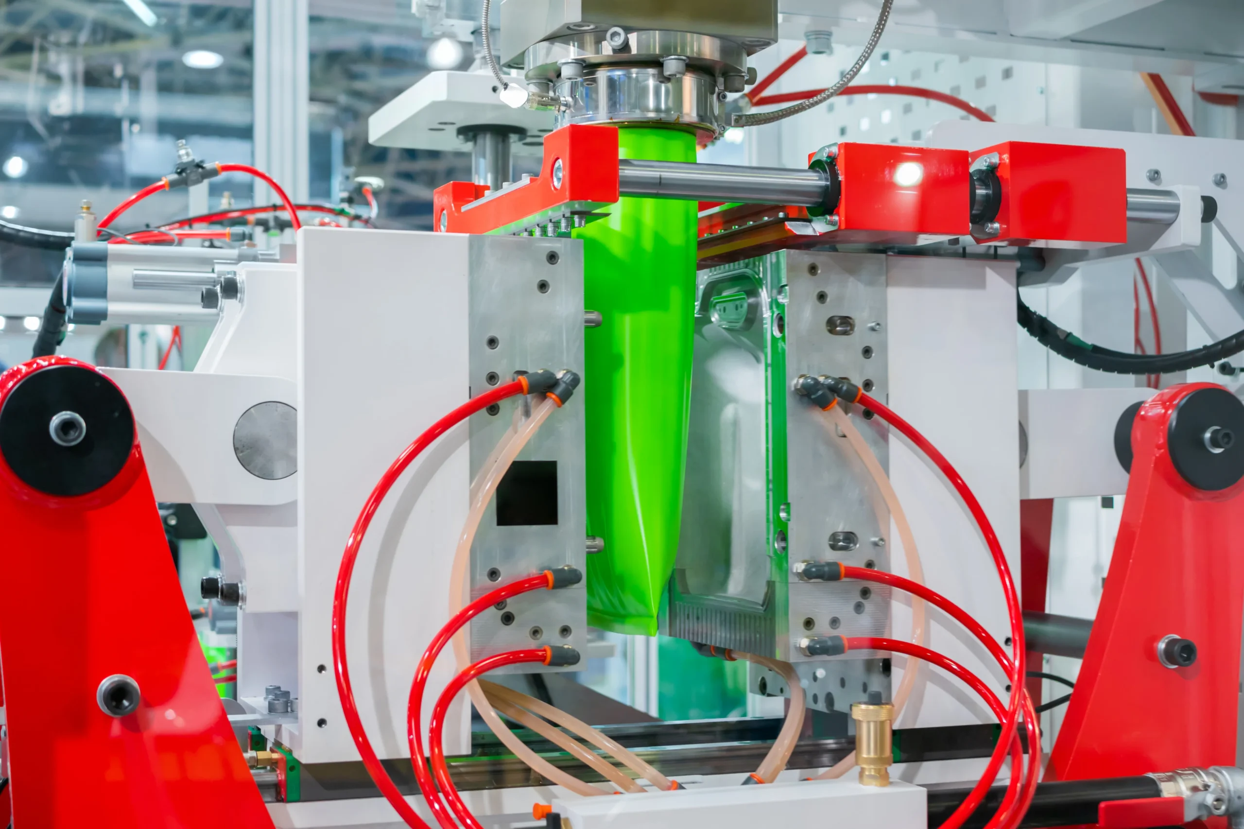Blow molding machine closing on a green parison inside the mold at our India partner facility