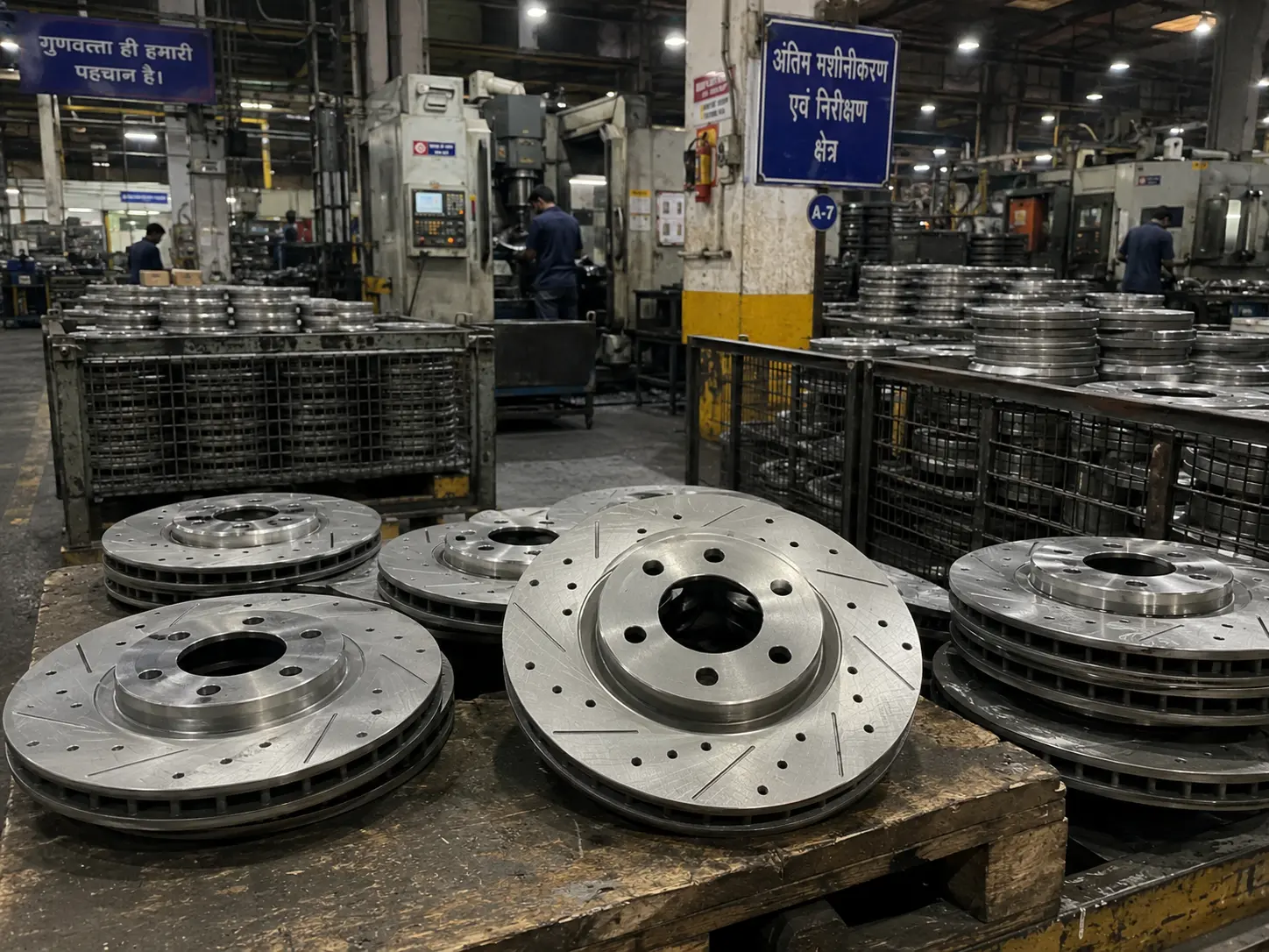 Drilled and slotted brake rotor made in India on the floor of a VIA INDIGOS partner facility