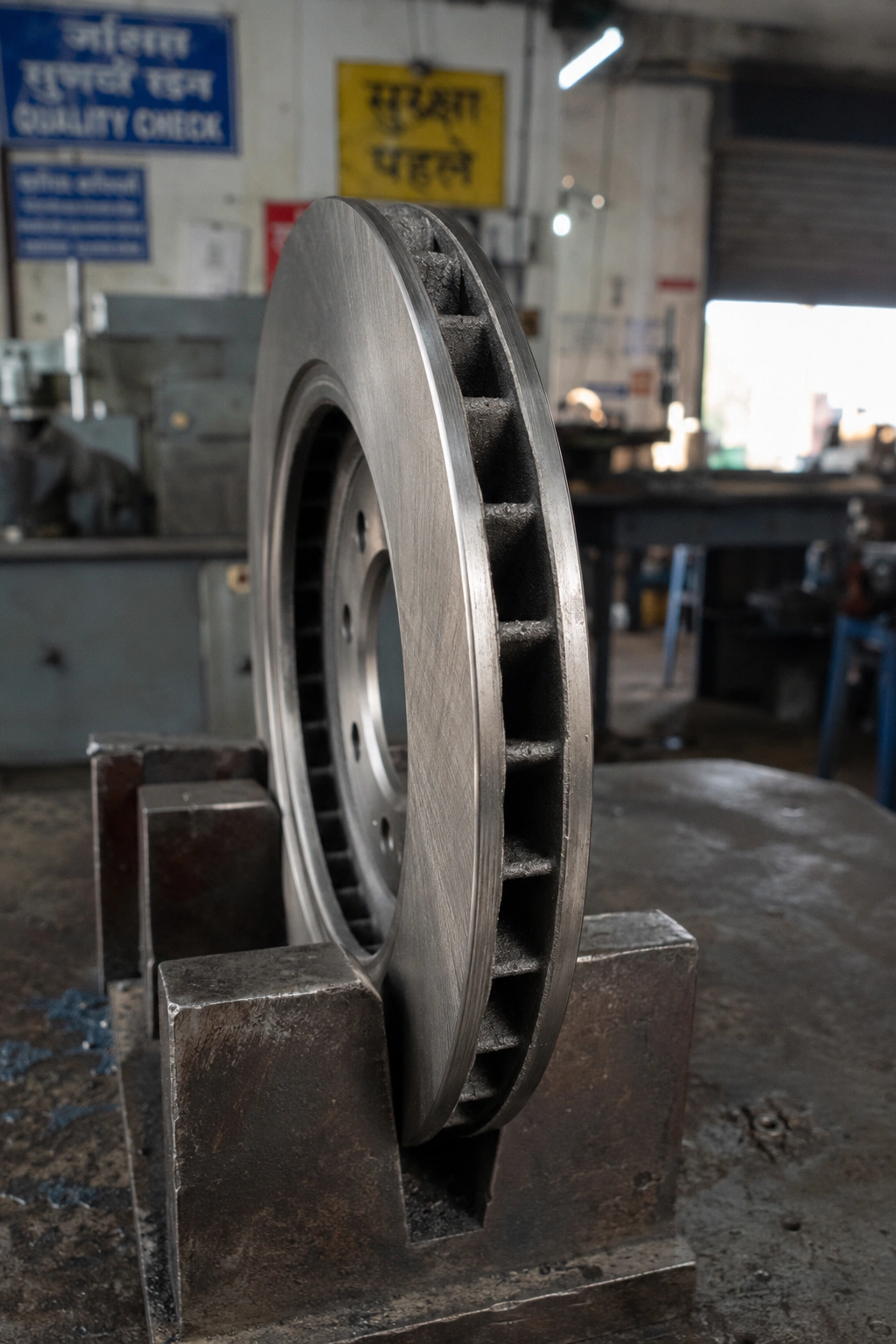 Macro of a vented brake rotor edge showing clean even cooling vanes and the casting parting line, made in India
