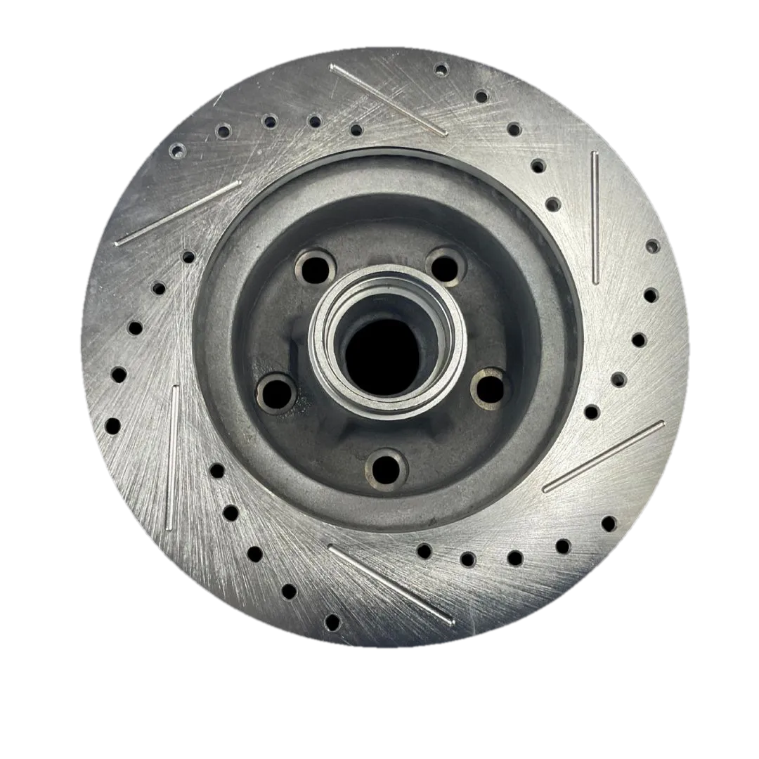 Vented, drilled and slotted gray cast iron brake rotor, CNC and VMC machined, with cast hub and bearing bore