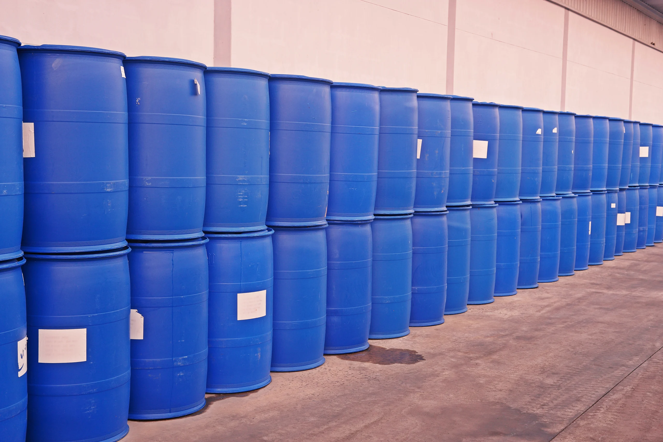PPAP sign off, production batch of blow molded HDPE drums stacked at our India partner facility