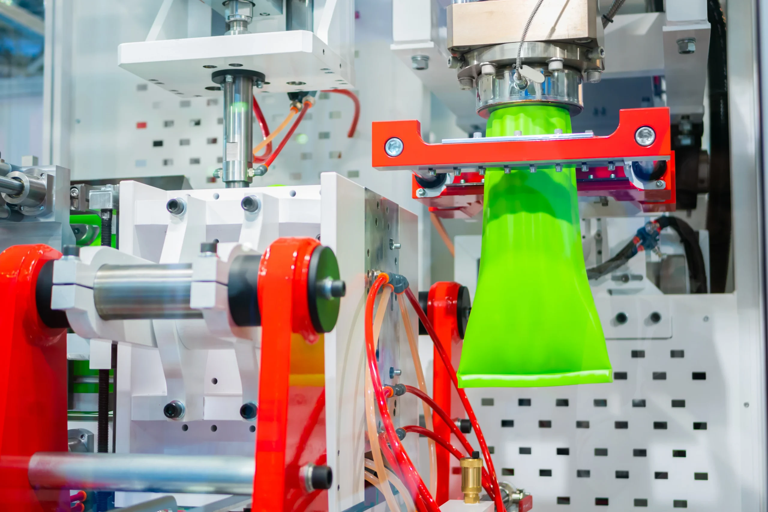 Stretch blow molding machine forming PET parts in production at our India partner facility