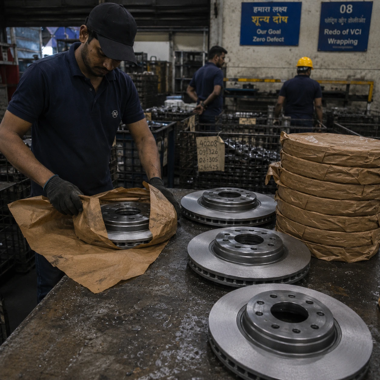 Zinc coated brake rotors VCI wrapped for rust protection in India