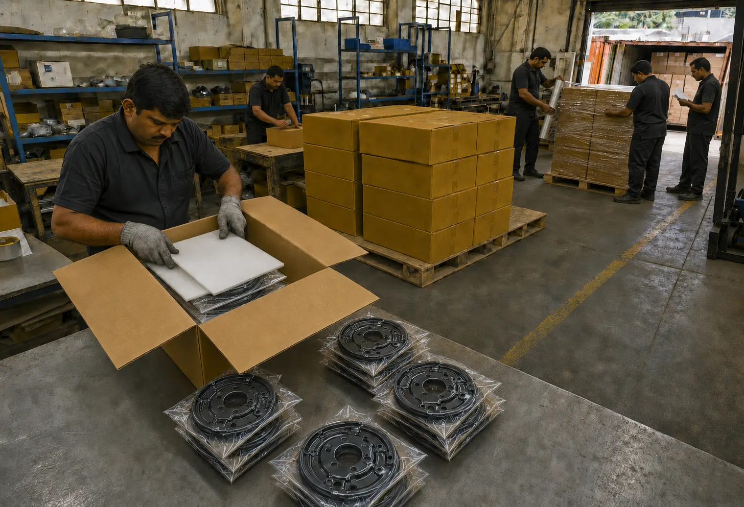 Finished coated brake backing plates packed in poly bags with foam separators for export in India