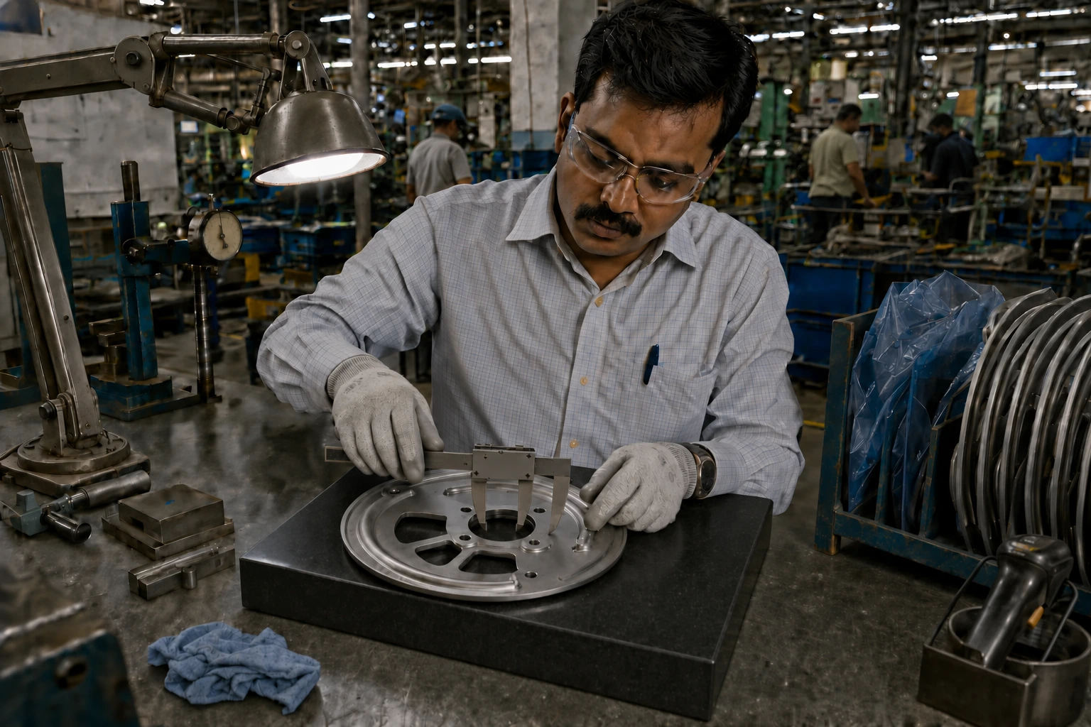 Inspector checking a drum brake backing plate at the VIA checking bench before it reaches a carton in India