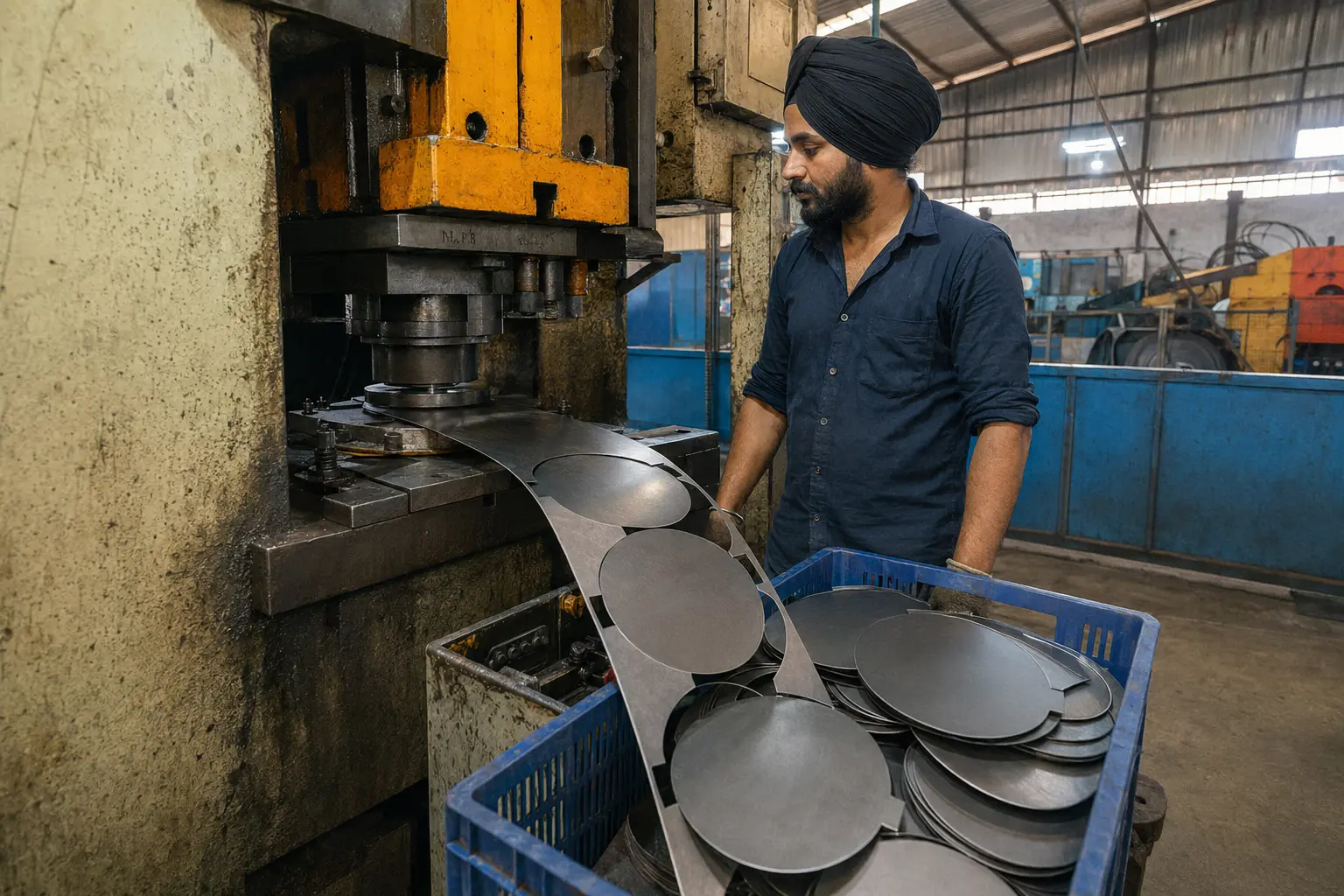 Press blanking the round outline of drum brake backing plates from steel strip in India