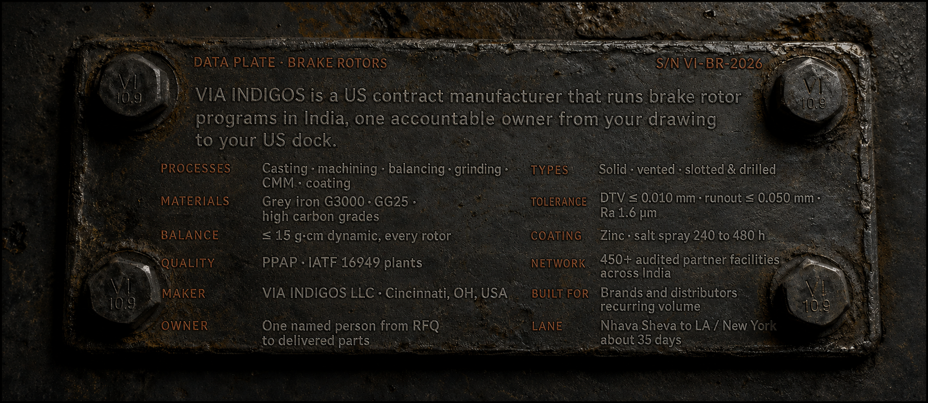Cast iron data plate engraved with the VIA INDIGOS brake rotor program: processes, materials, tolerances, balance, coating, quality, network, and shipping lane