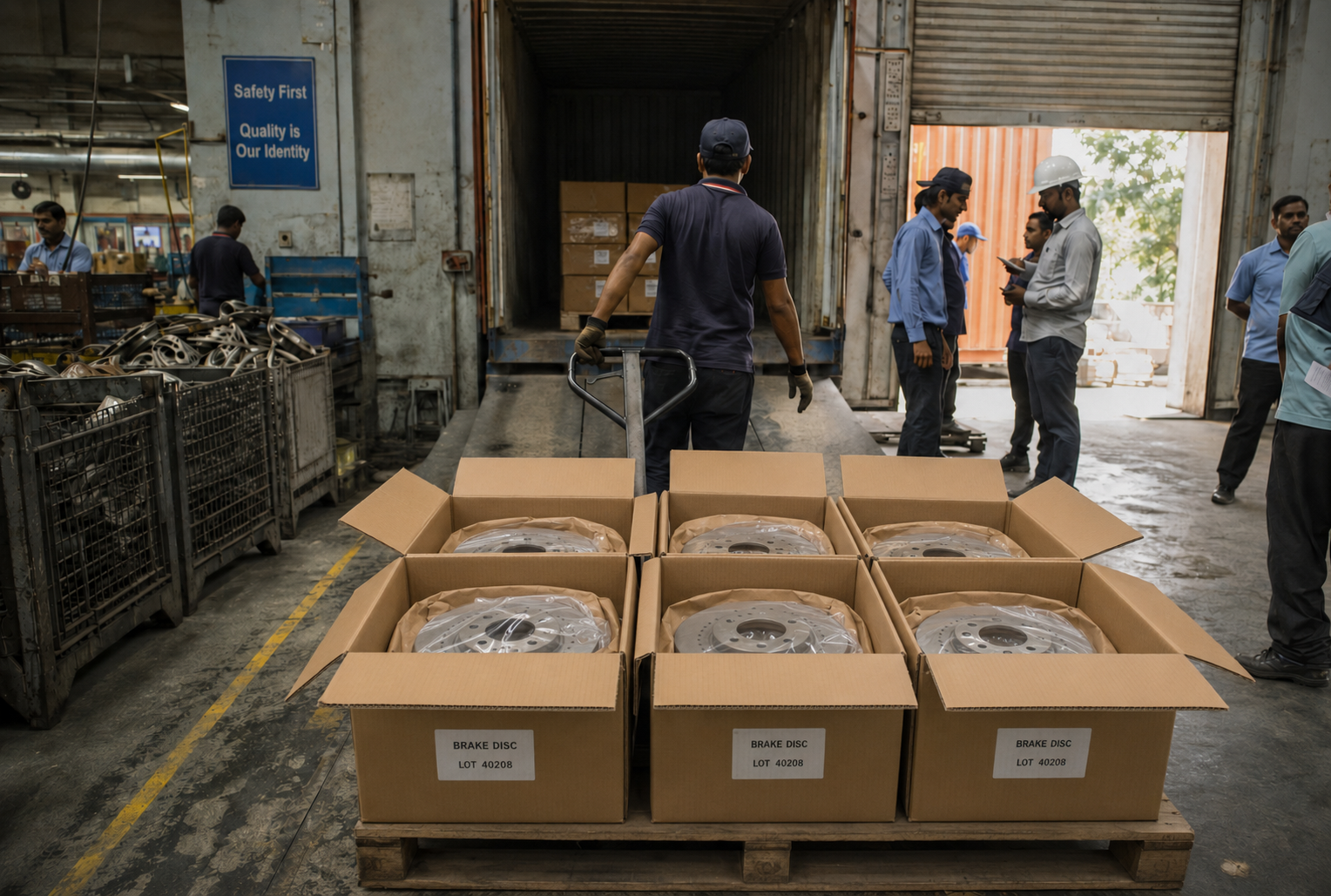 Brake rotors palletized and loaded into a container for US delivery from India