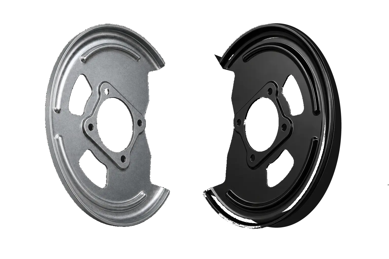 Finished coated steel drum brake backing plate made in India, formed, welded, and coated as one controlled part