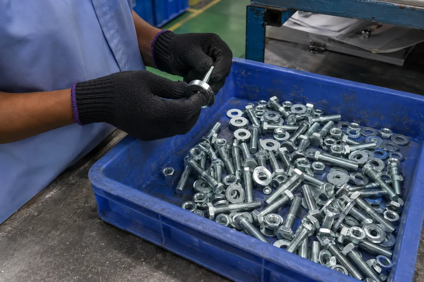 Grade 8 caliper bracket kit fasteners being inspected in India