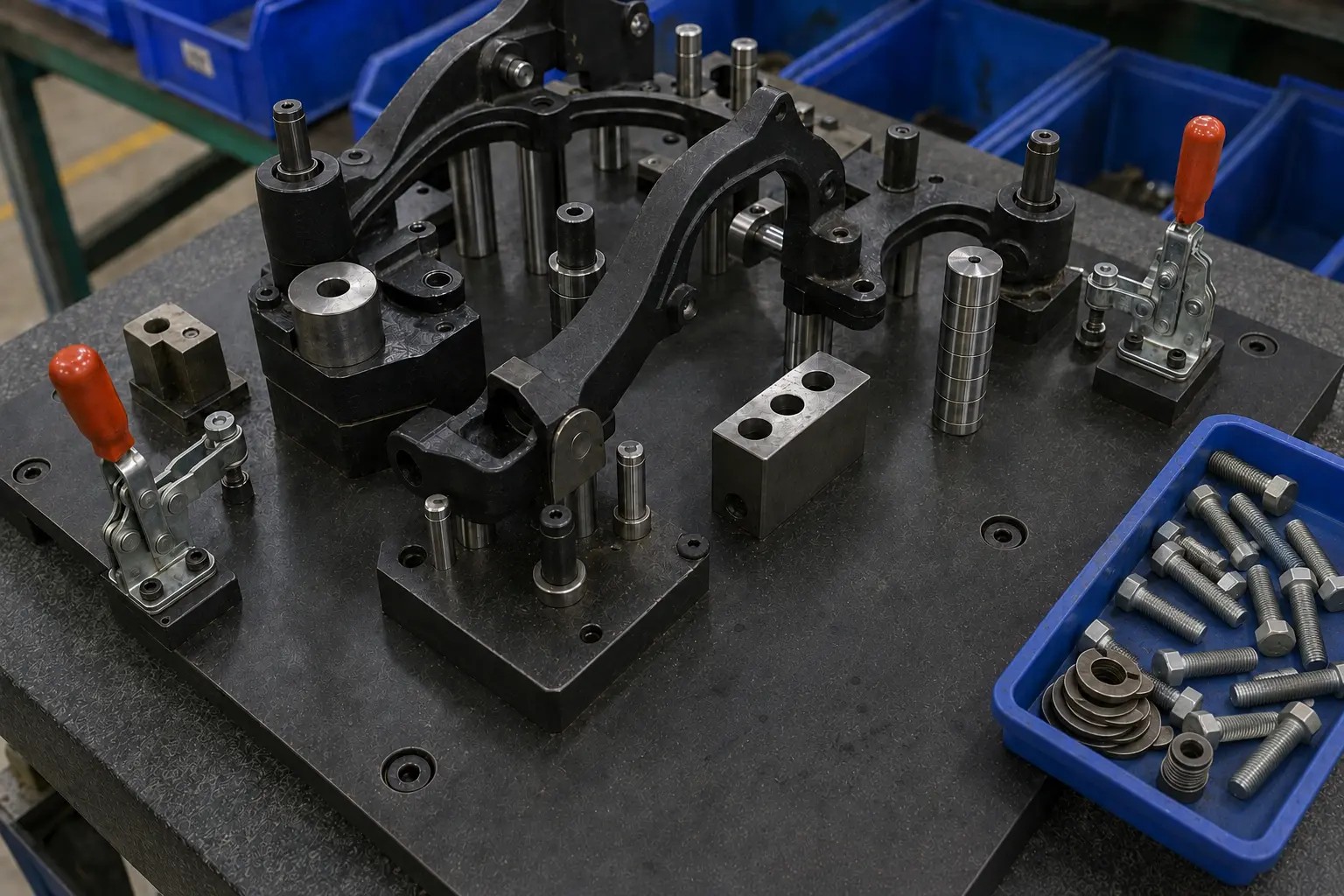 Physical checking fixture for caliper bracket kit with locator pins, toggle clamps, shims, sleeves, and bolts
