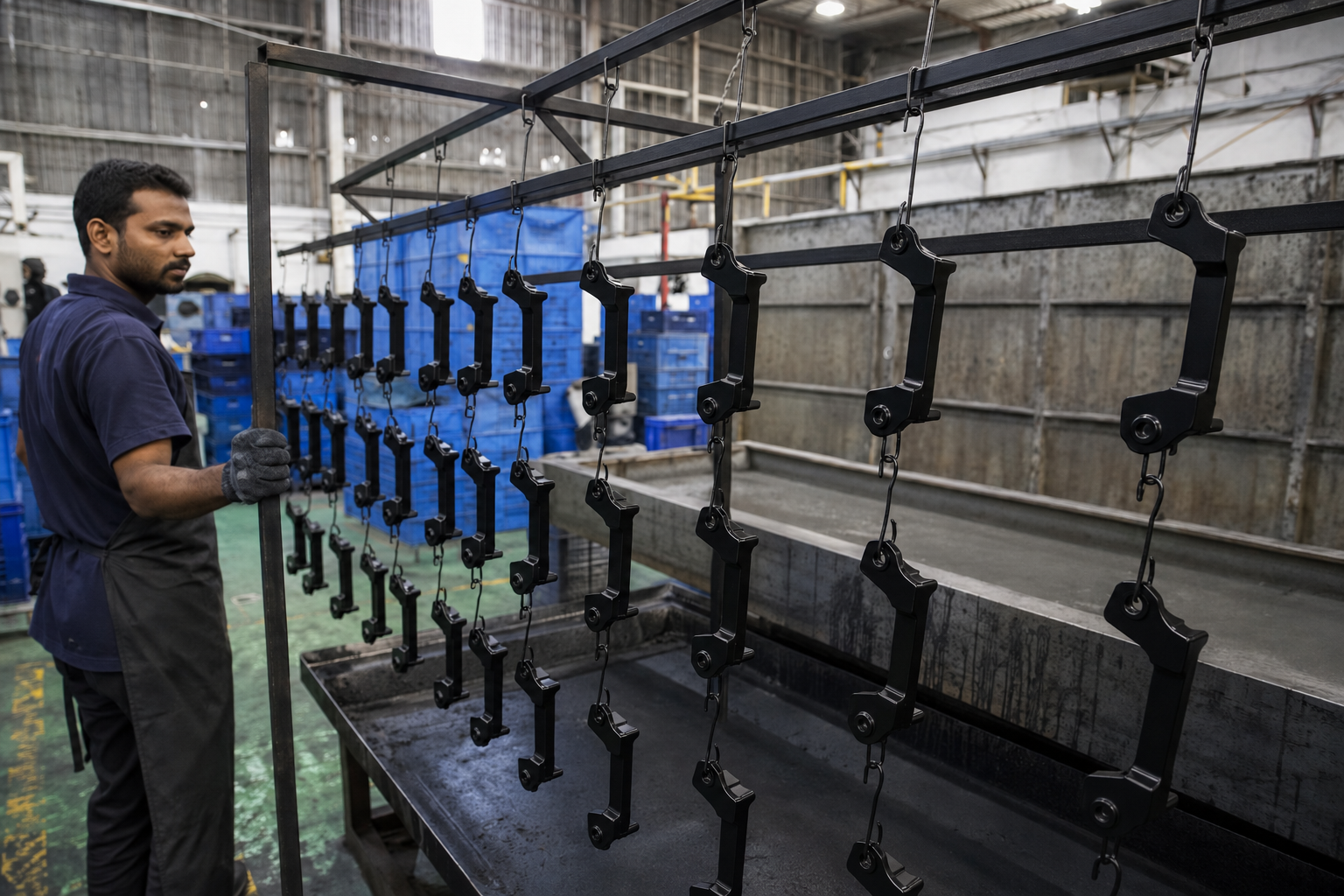 Black coated caliper mounting brackets on a plating rack after zinc plating, zinc nickel, or e-coat in India