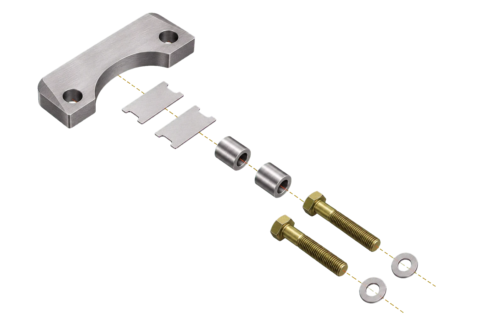 Exploded view of a caliper mounting bracket kit made in India showing the plate bracket, stamped shims, spacer sleeves, Grade 8 bolts, and washers on one assembly axis