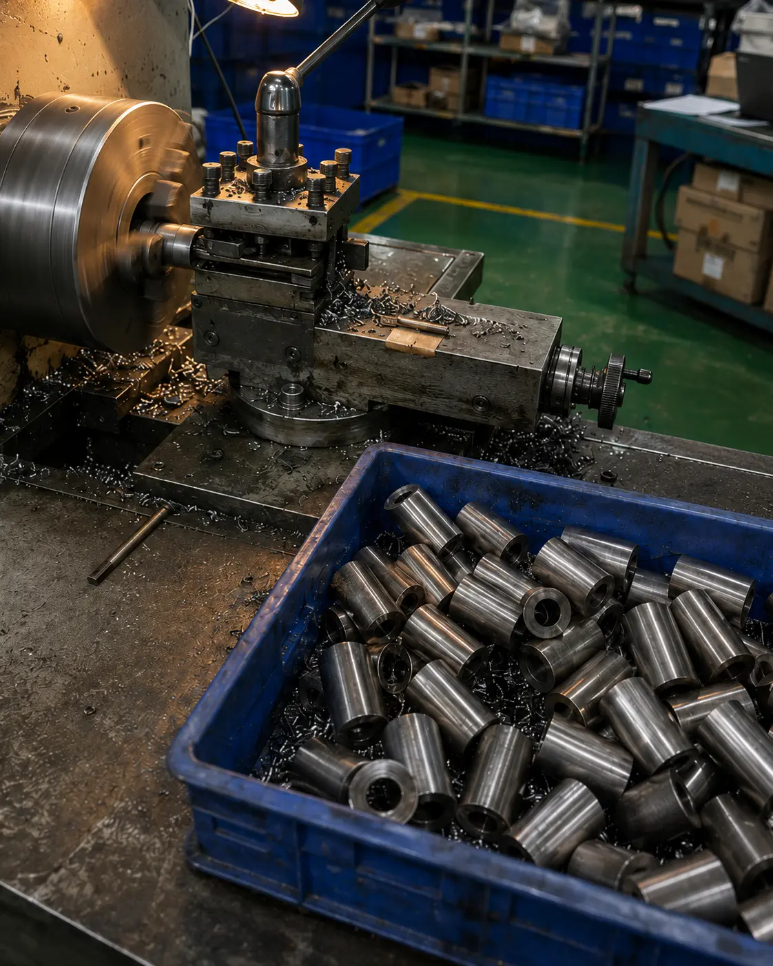 Spacer sleeves being turned and faced on a CNC lathe in India