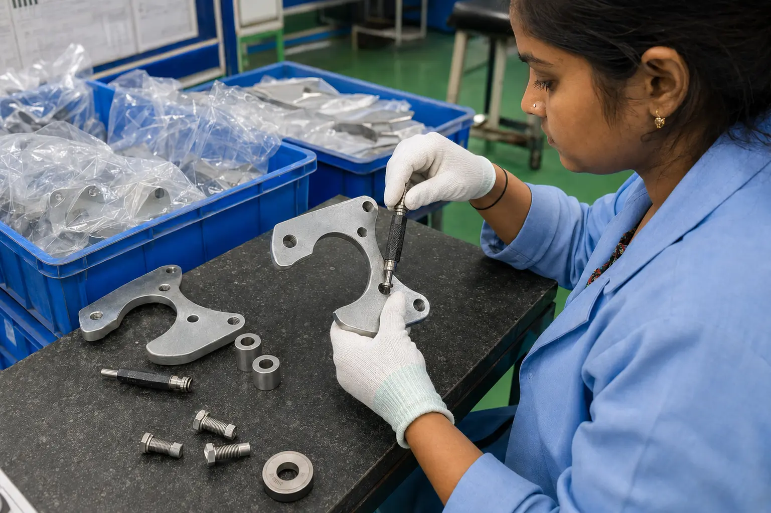 Tapped caliper bracket holes being checked with thread gauges in India