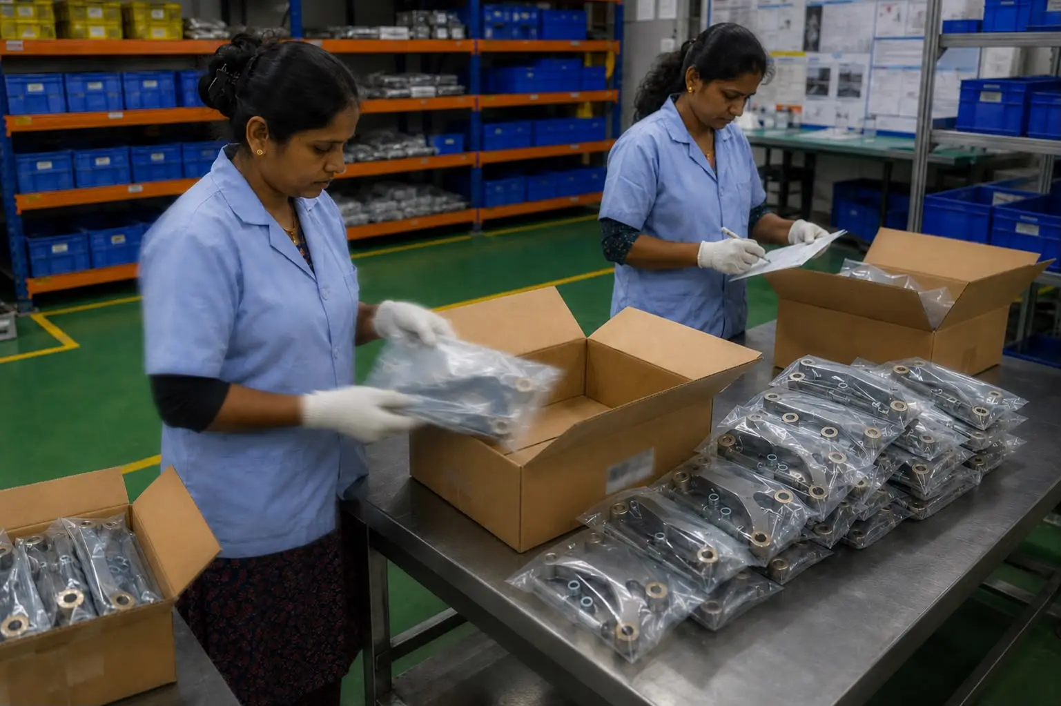 Caliper mounting bracket kits being packed into export cartons in India