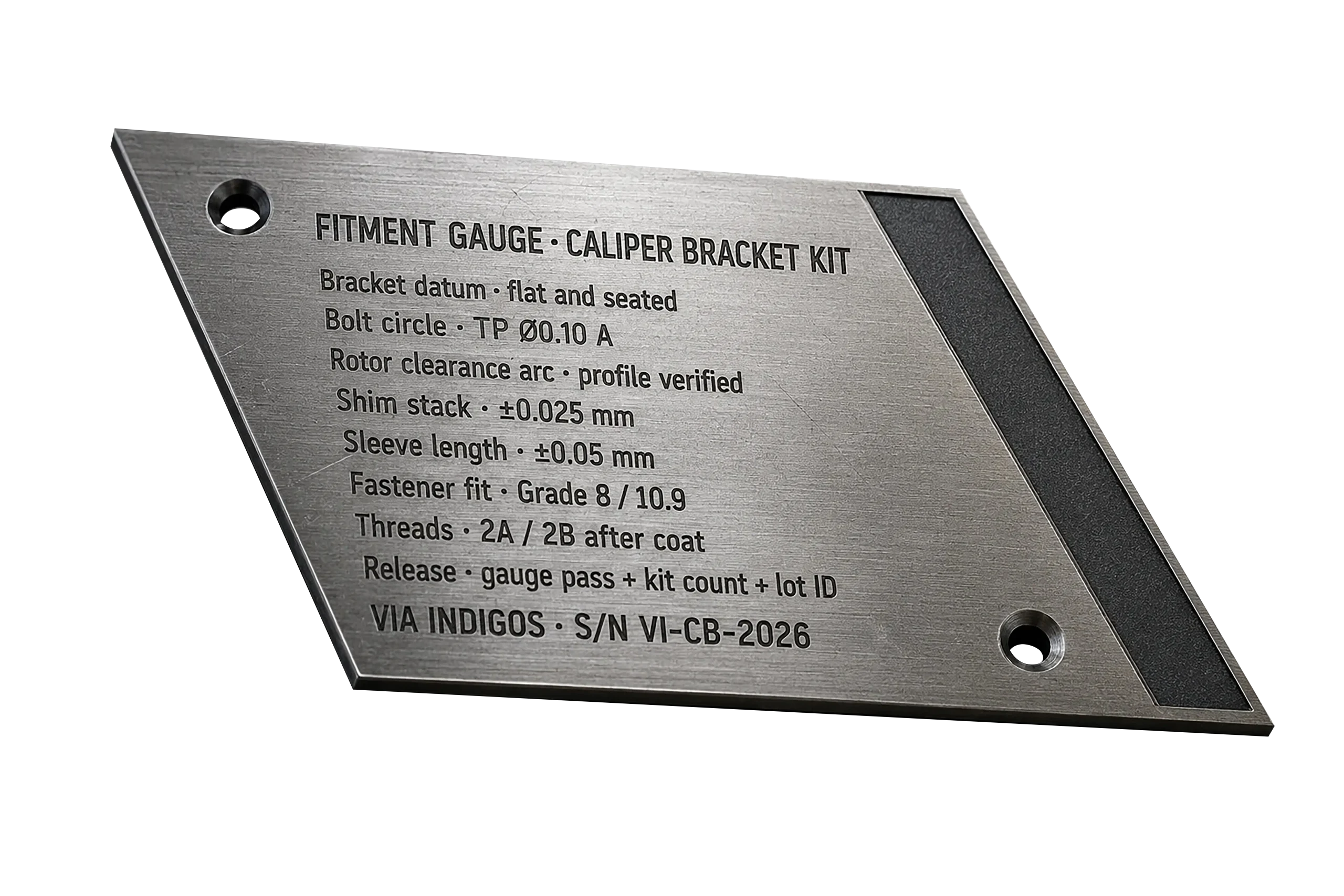 Laser etched stainless steel spec plate for the caliper bracket kit fitment gauge listing bolt circle, shim stack, sleeve length, fastener grade, and thread checks