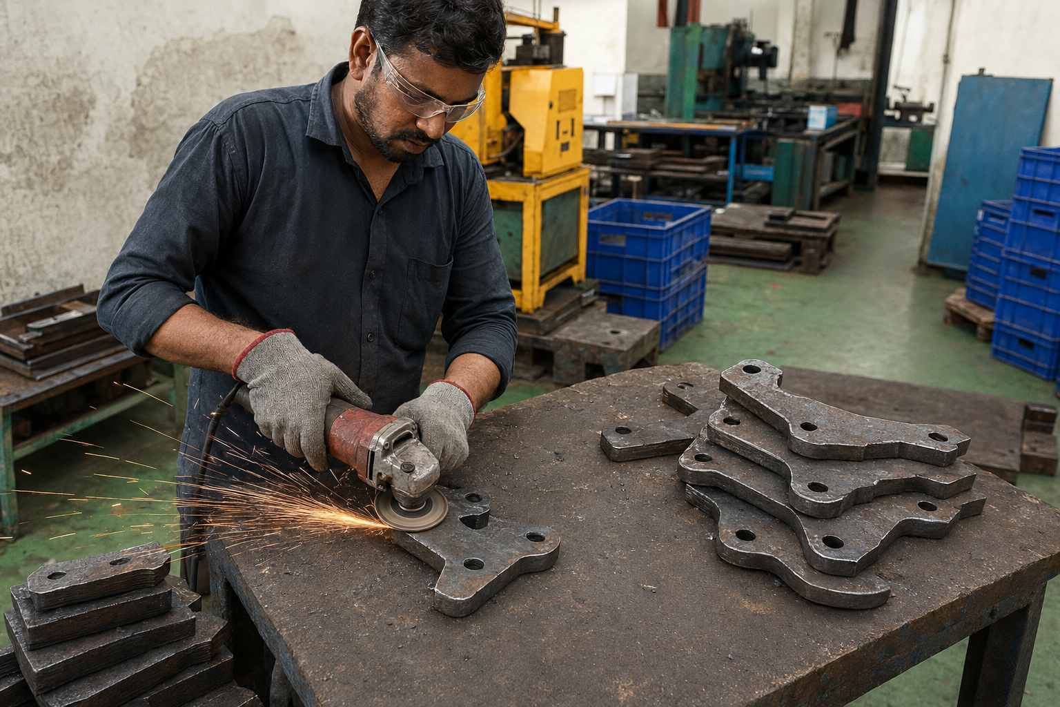 Caliper bracket blank being ground and deburred after cutting in India