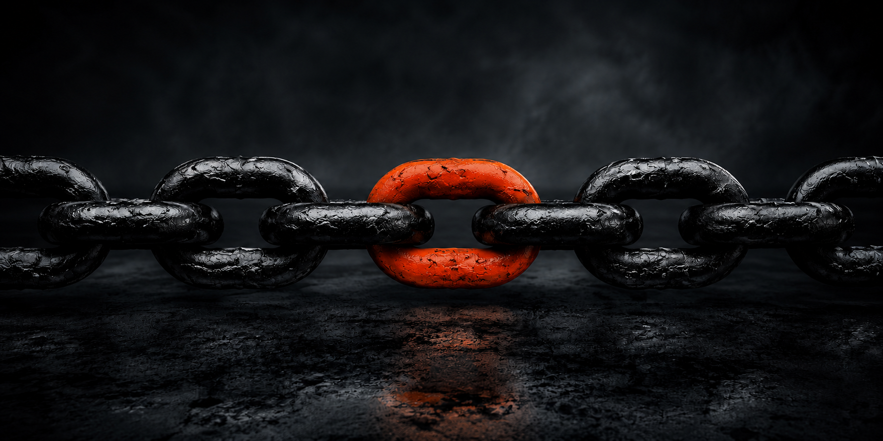 Industrial steel chain on a dark shop floor with a single burnt orange link at its center, the VIA INDIGOS symbol for joining US buyers of custom parts with audited manufacturers in India