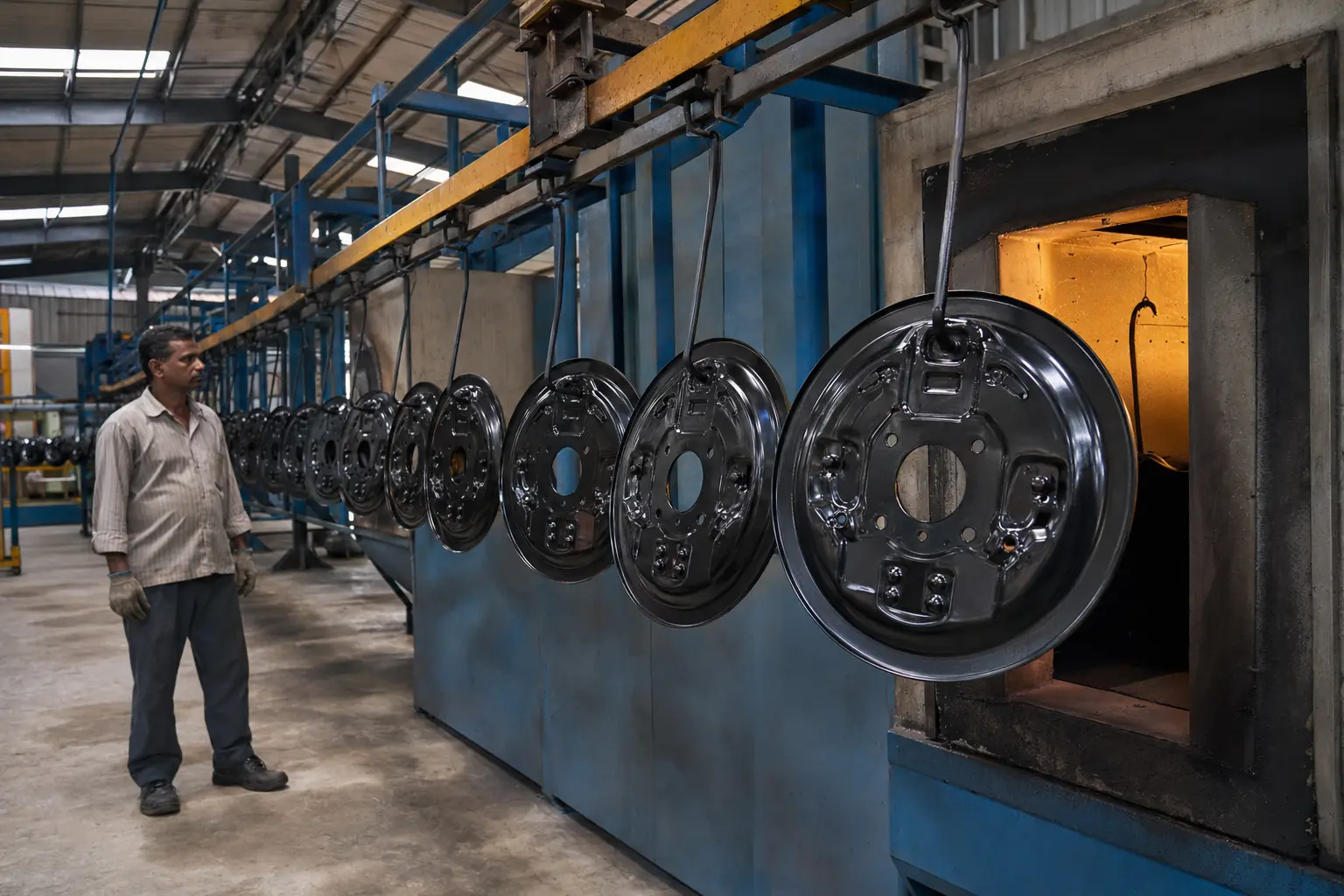 Glossy black powder coated brake backing plates exiting the curing oven on a hook conveyor in India