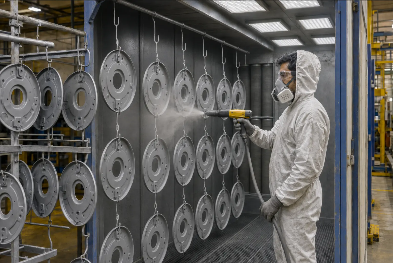 Electrostatic powder coating gun spraying brake backing plates on a hook line in India