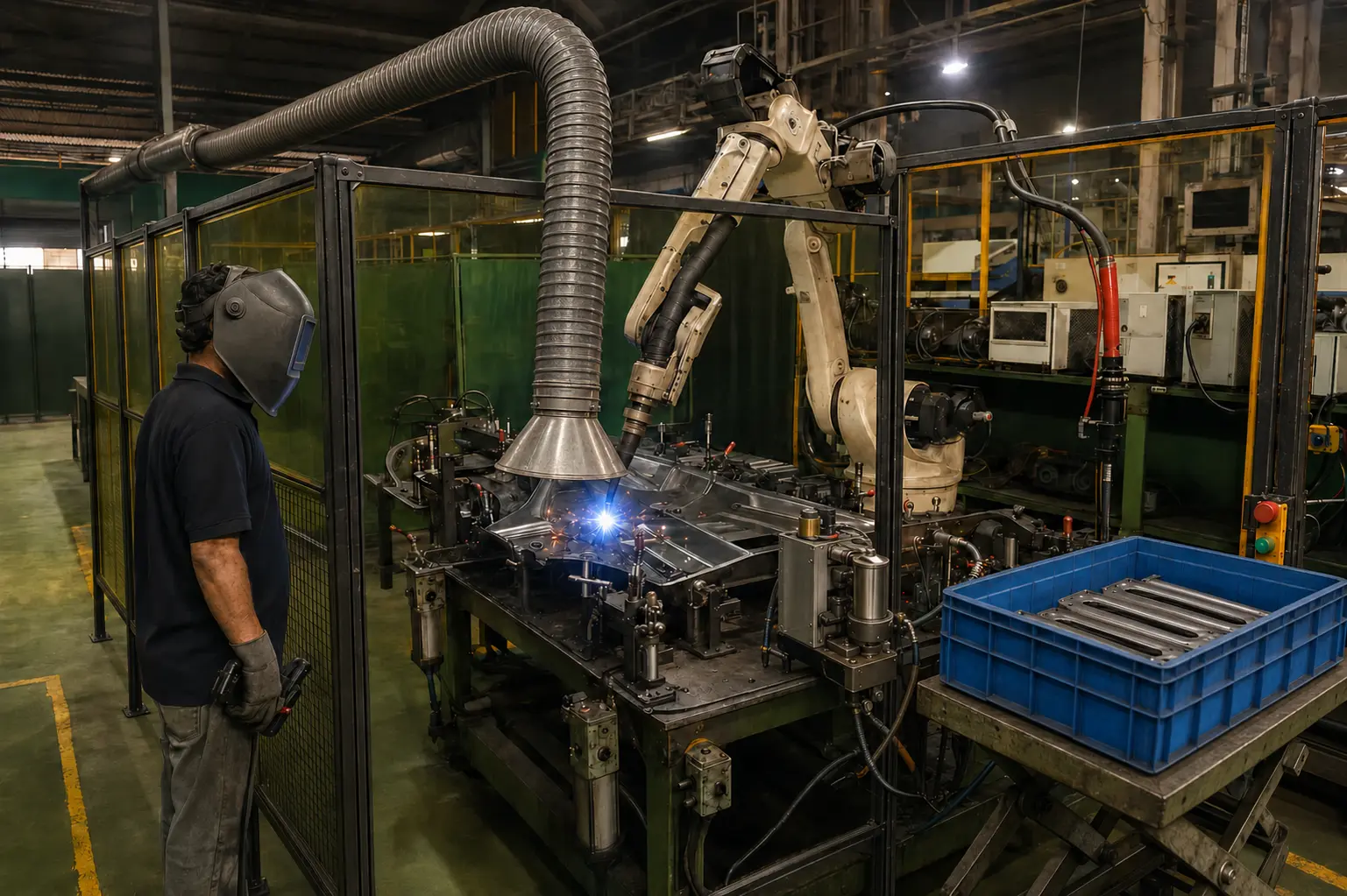 Automotive robotic welding cell joining shoe anchors onto drum brake backing plates in India