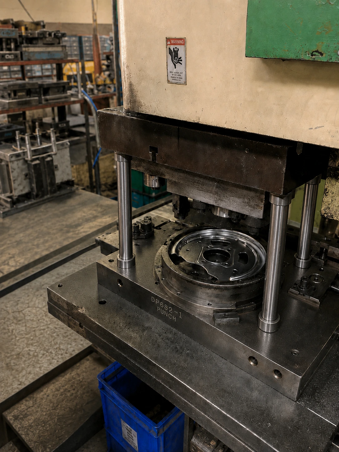 Punch press piercing the bolt circle and center hole of a sheet metal brake backing plate in India