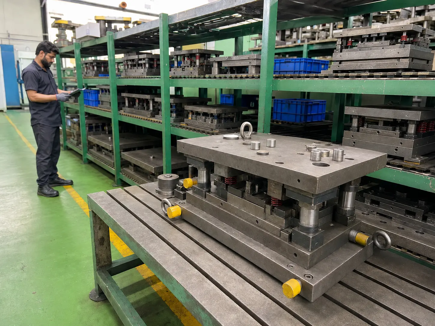 Progressive stamping dies for brake backing plates on maintenance racks with an engineer logging die condition in India