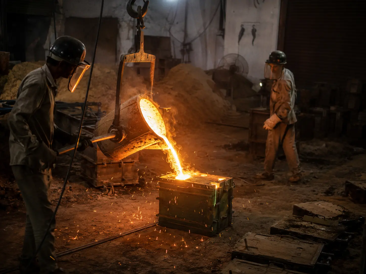 Molten iron poured into green sand molds for agricultural castings at a VIA INDIGOS partner foundry in India
