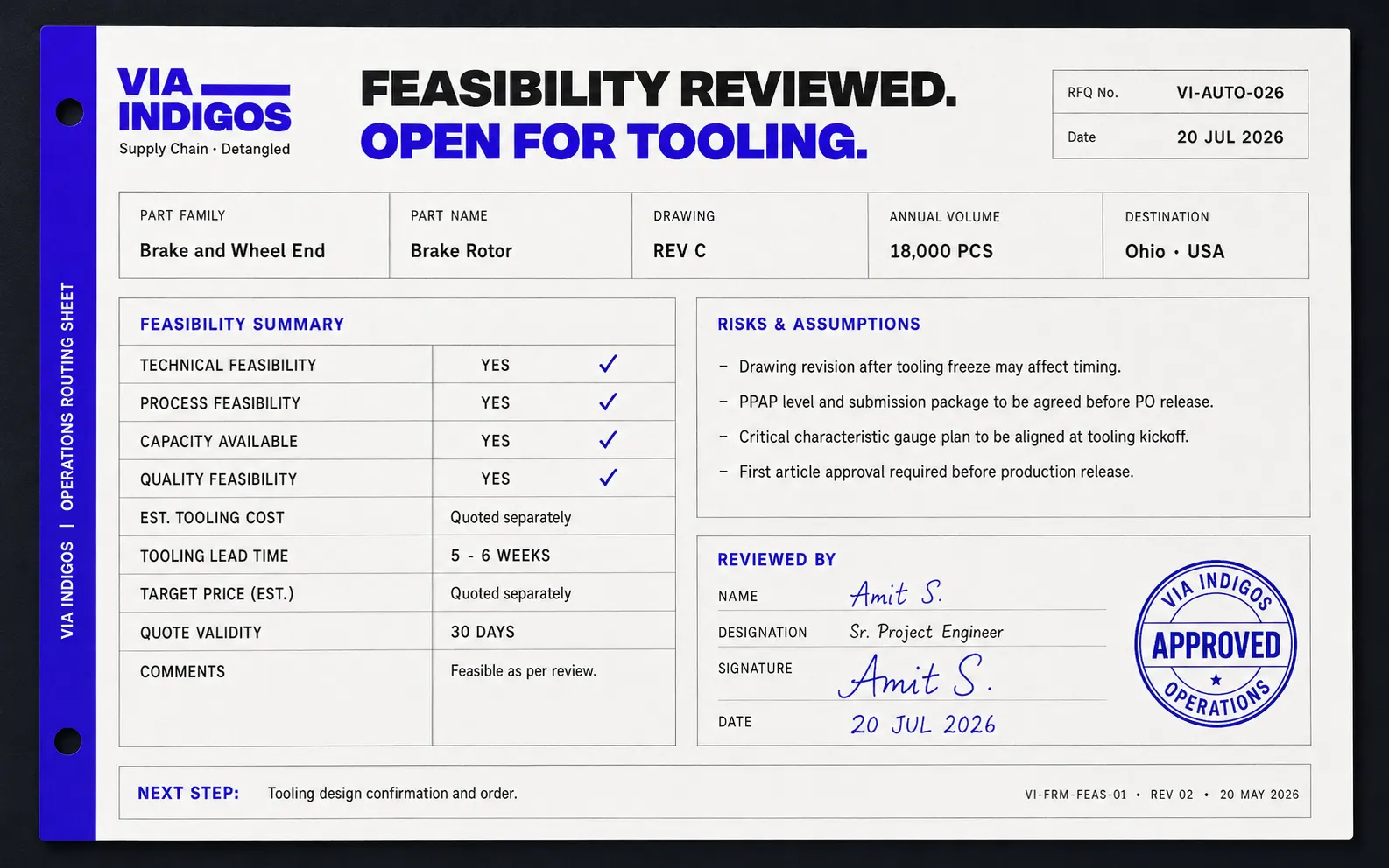 VIA INDIGOS feasibility review sheet approving a brake rotor for tooling with technical, process, capacity and quality feasibility confirmed