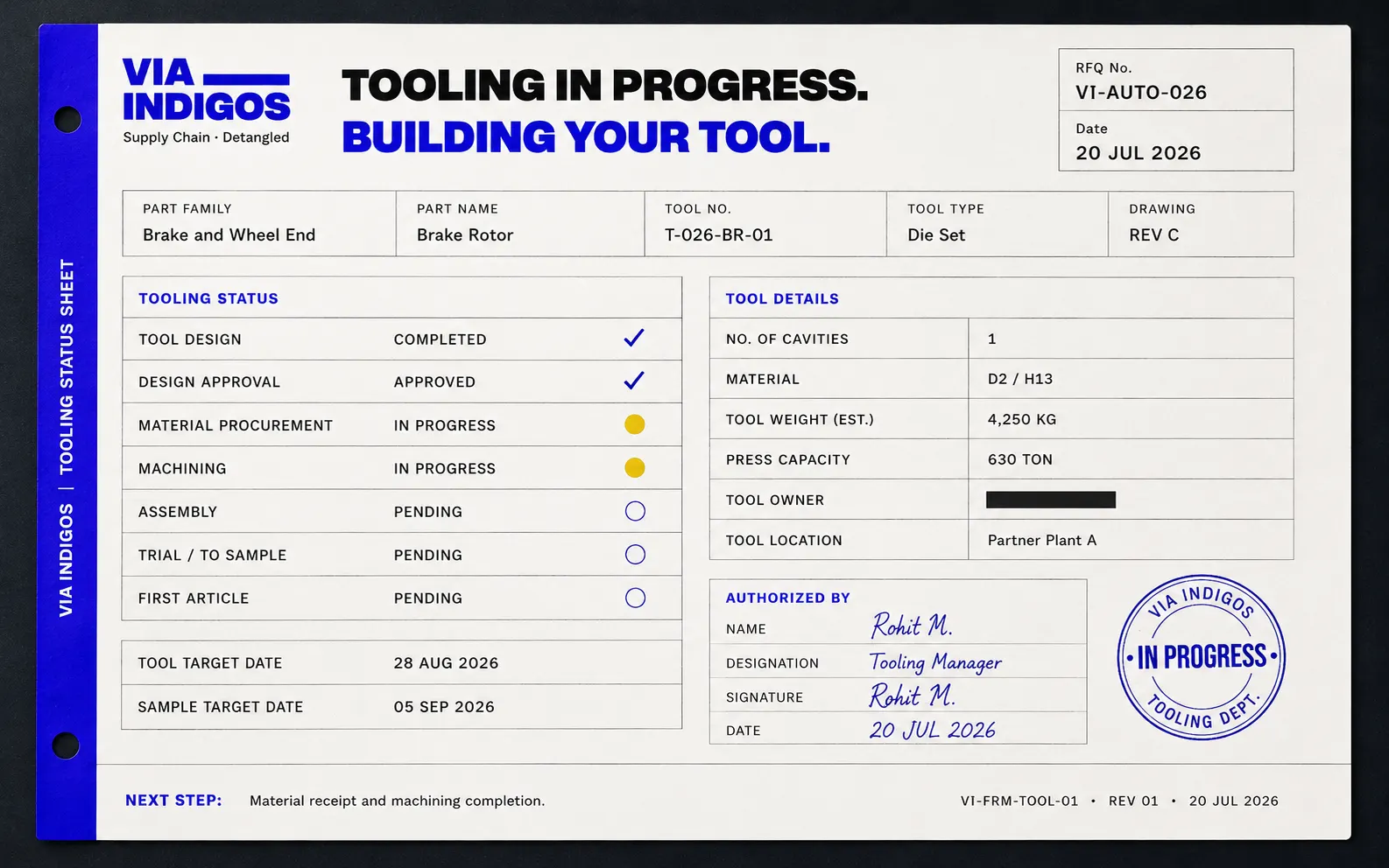 VIA INDIGOS tooling status sheet showing tool design, approval, material procurement and machining progress with tool and sample target dates