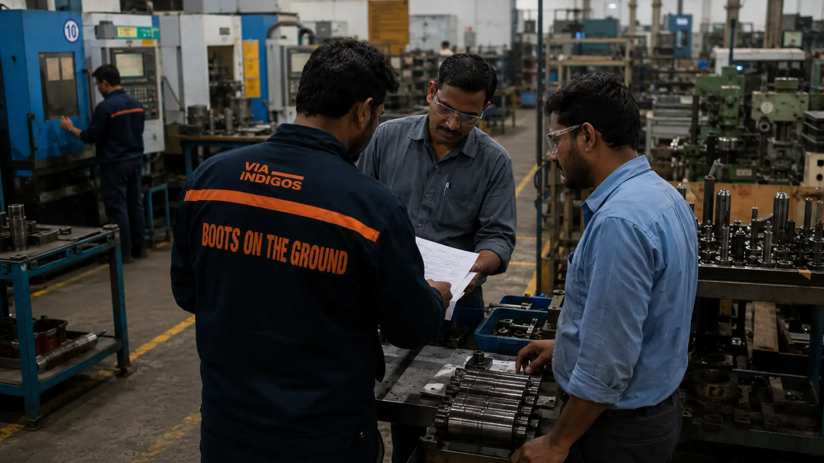 VIA INDIGOS team member walking the shop floor beside running machines at an automotive partner plant in India