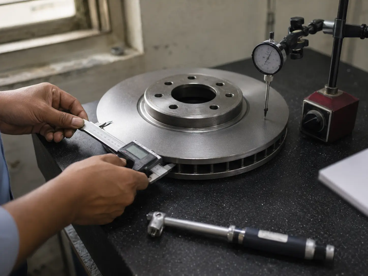 Brake rotor checked for lateral runout with a dial indicator during in process inspection at a VIA INDIGOS partner plant in India