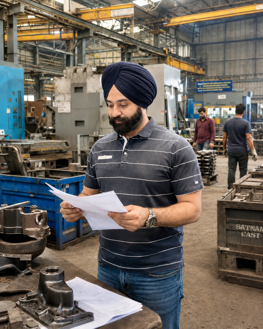VIA INDIGOS operations team reviewing a drawing with a partner supplier on an Indian manufacturing floor