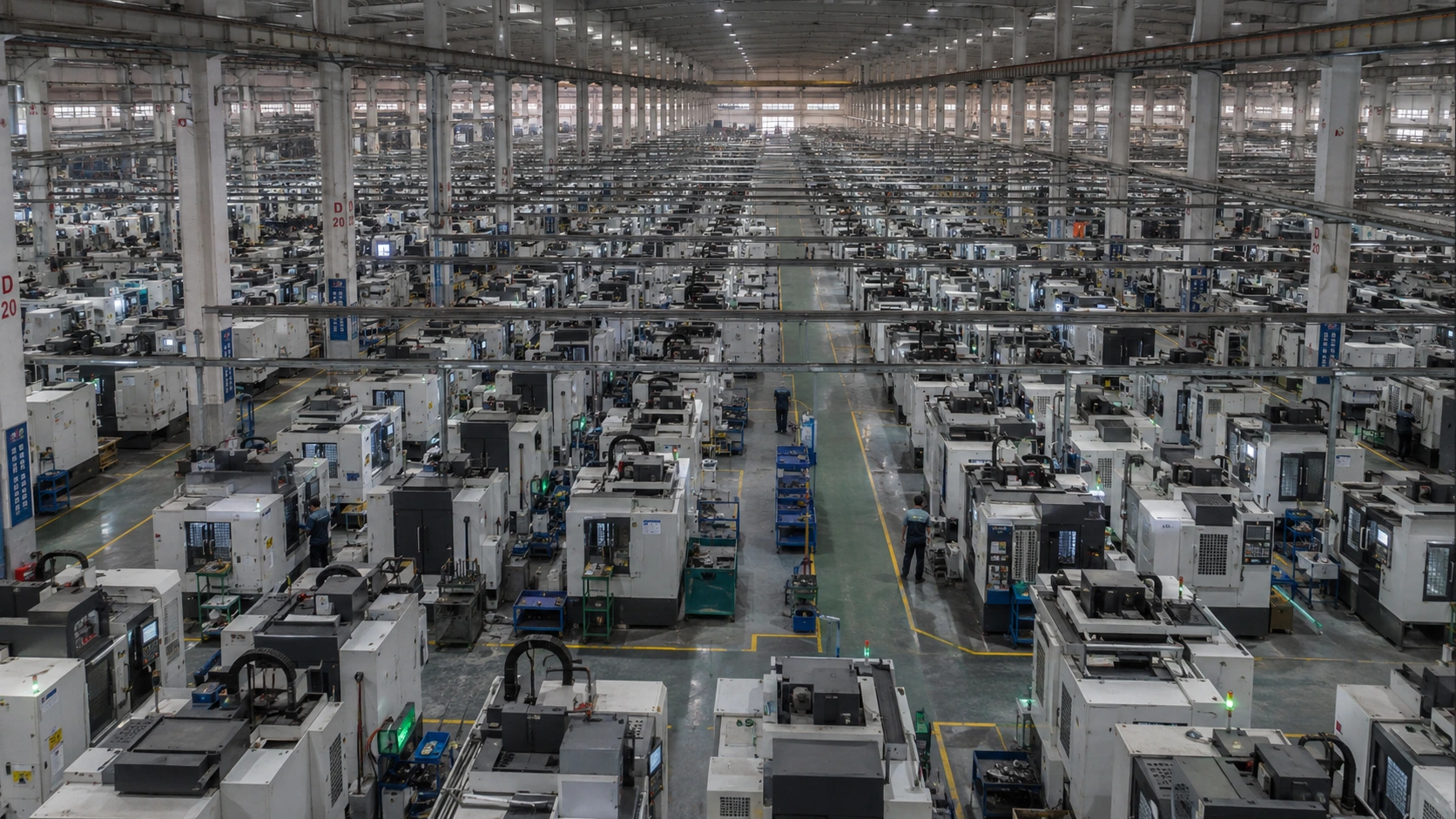 A deep CNC machining hall at a VIA INDIGOS partner facility in India with rows of machines in production, the scale behind the 2030 mission