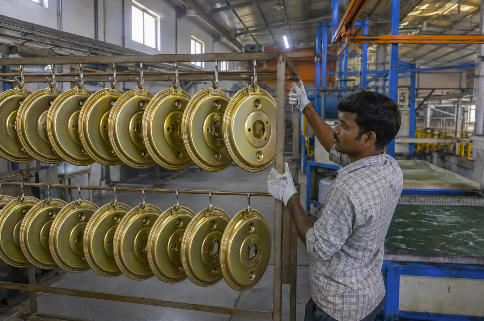 Yellow passivated zinc plated brake backing plates hanging on a plating line in India