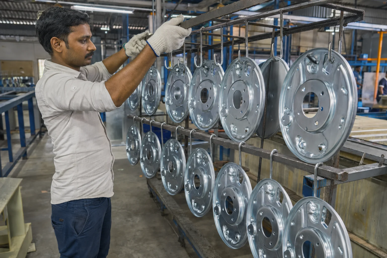 Bright zinc plated brake backing plates on a plating rack in India