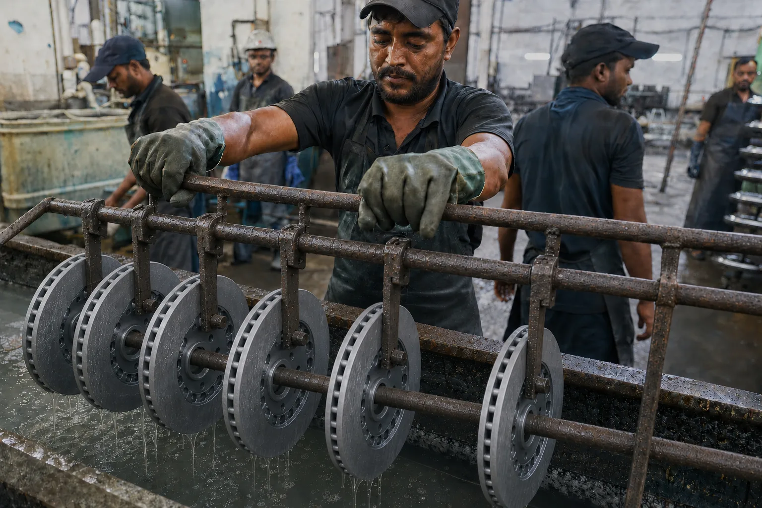 Brake rotors getting a zinc corrosion coating at a specialist line in India