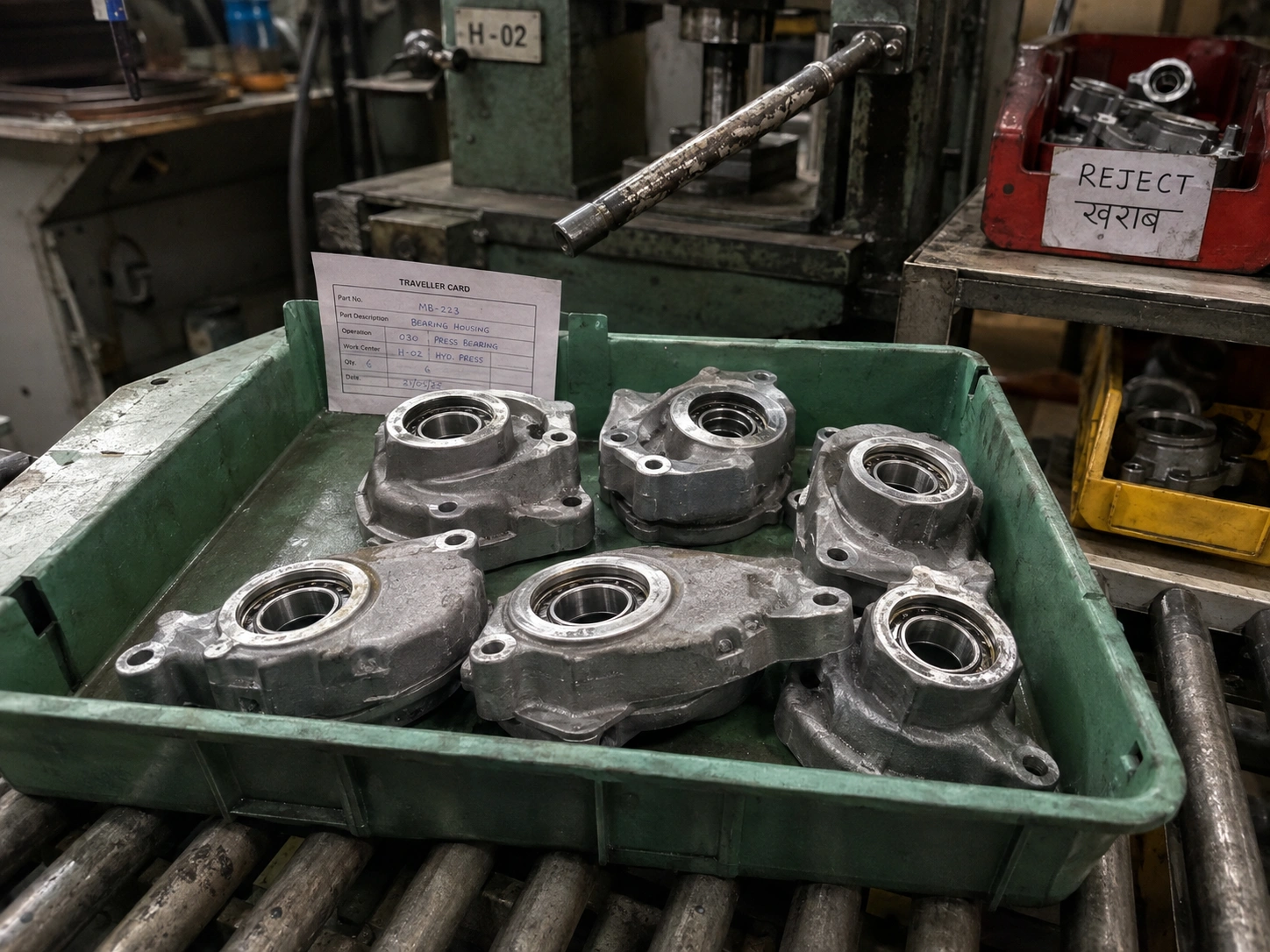 Cast aluminum housings with freshly pressed bearings in a tray between assembly stations at our India partner facility