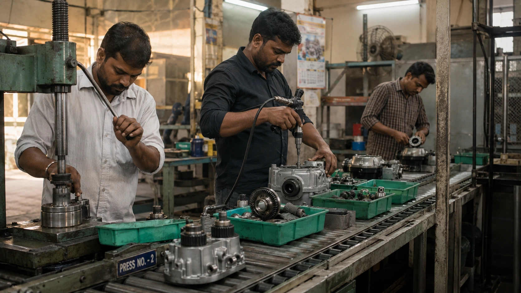 Assembly technicians pressing bearings and torquing housings at numbered stations on the build line at our India partner facility