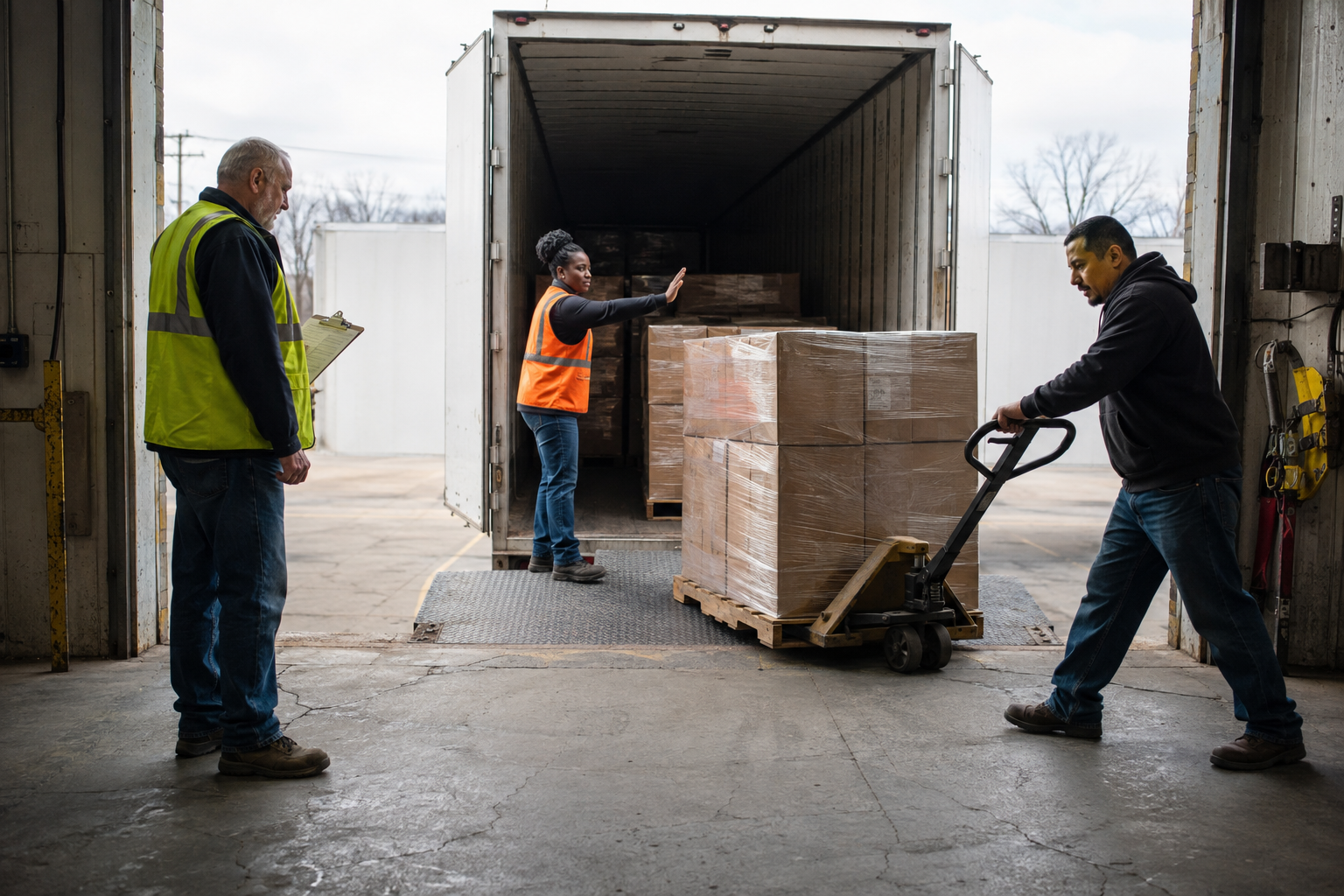 White 40 foot container backed onto a United States receiving dock while the crew unloads pallets of finished parts made in India