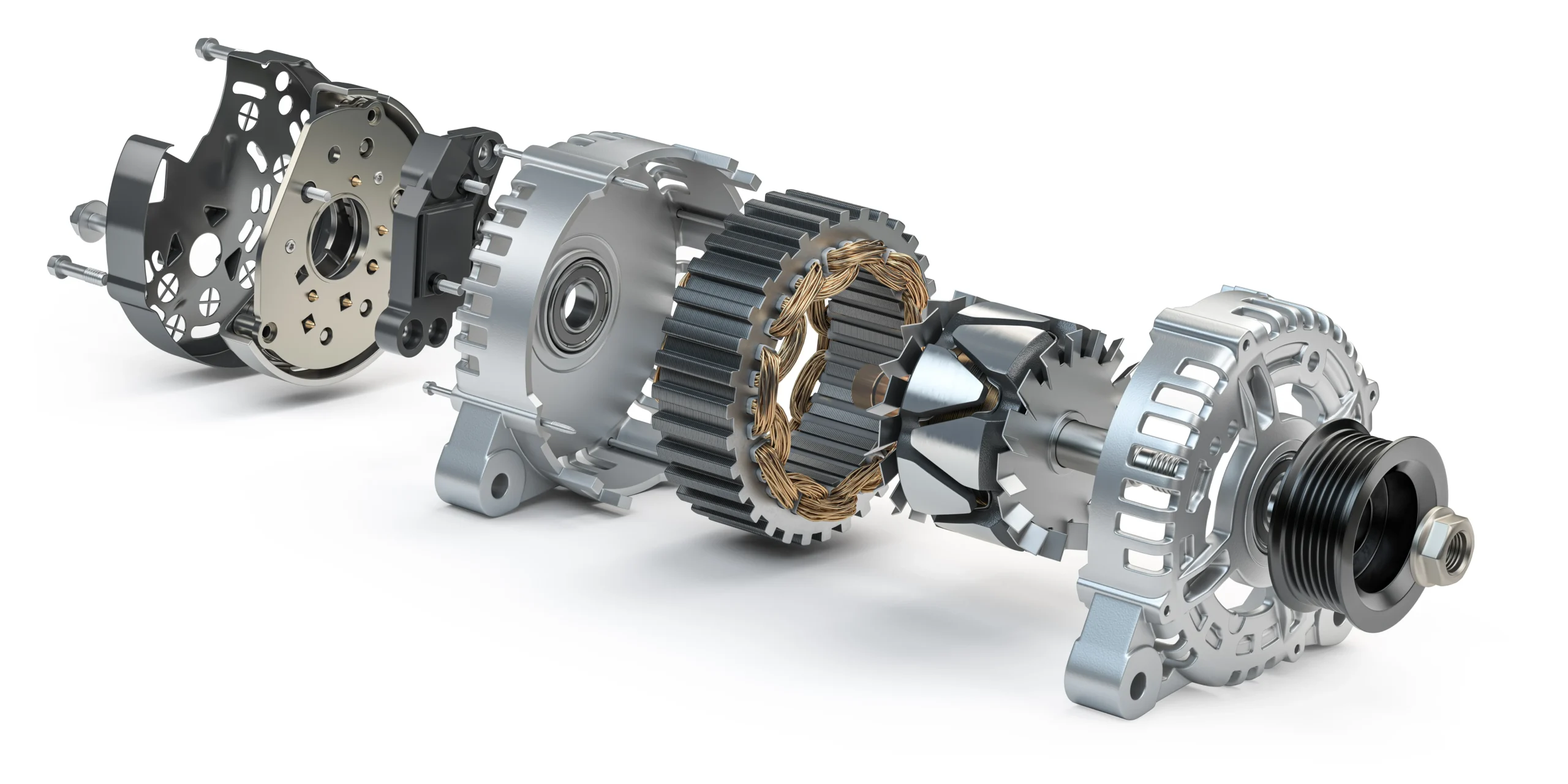 Exploded view of an automotive alternator assembly showing every child part one VIA INDIGOS build brings together