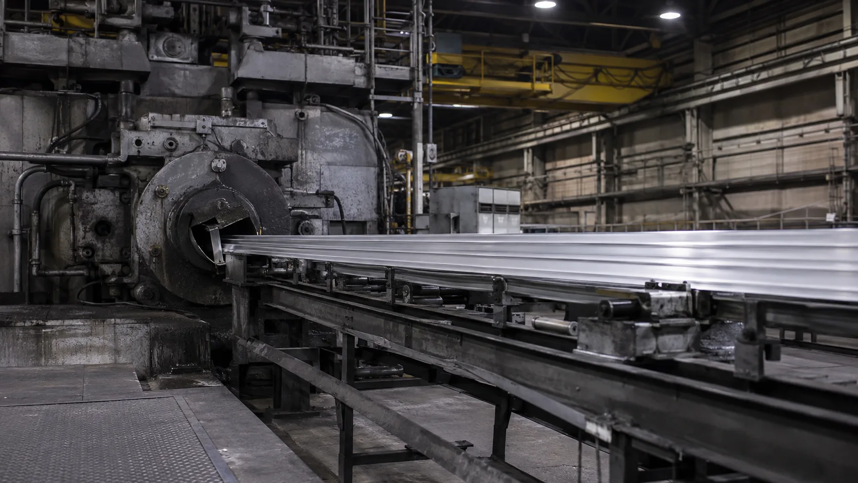 Wide view of the aluminum extrusion floor at our India partner facility, press line and runout table under one roof