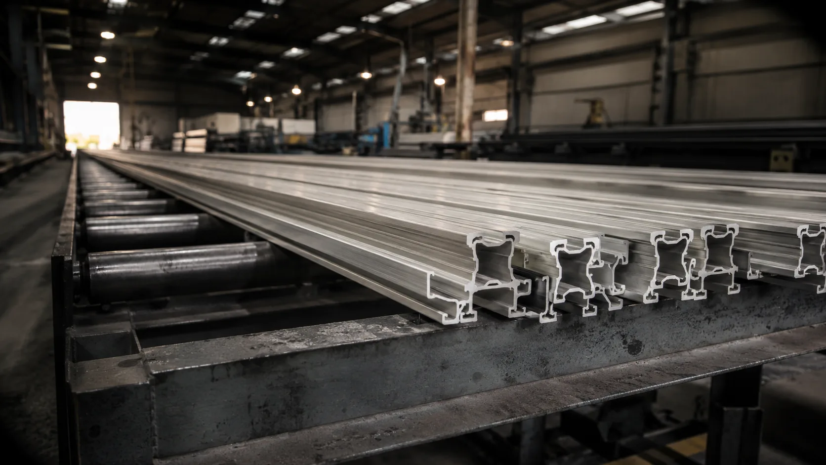 Extruded aluminum profiles cooling on the runout table at our India partner facility after the production run, batch volume in order