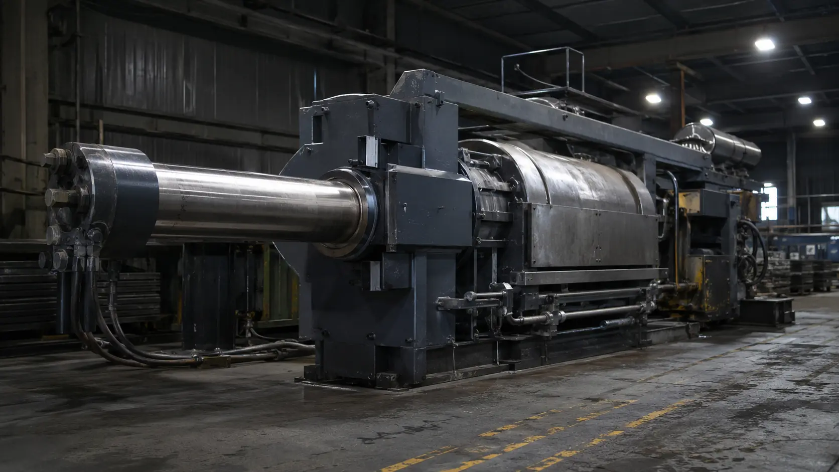 A direct extrusion press on the floor at our India partner facility, where we walk the line before a single PO