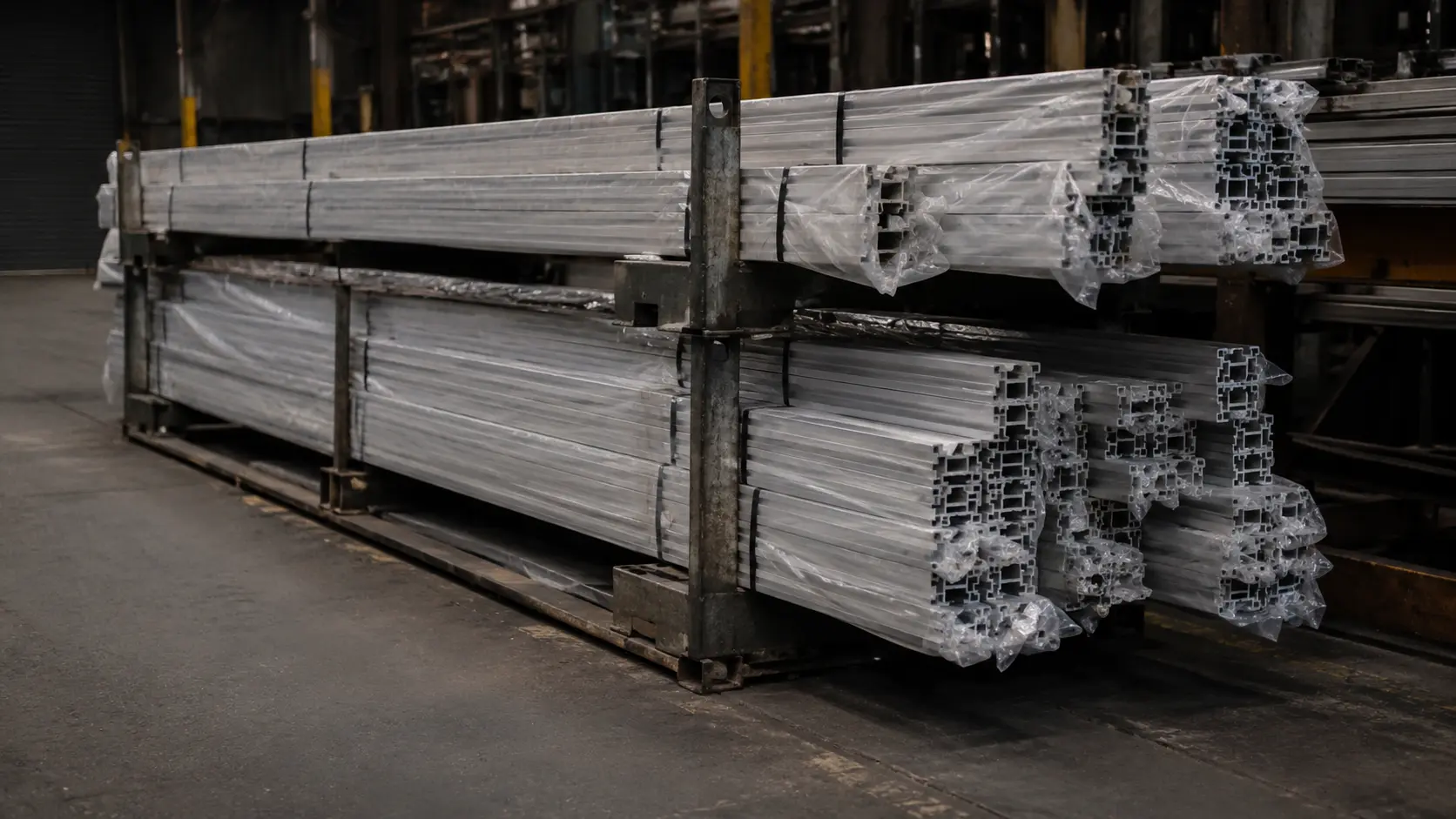 Anodized aluminum extrusion bundles in silver, black, and bronze racked for packing at our India partner facility